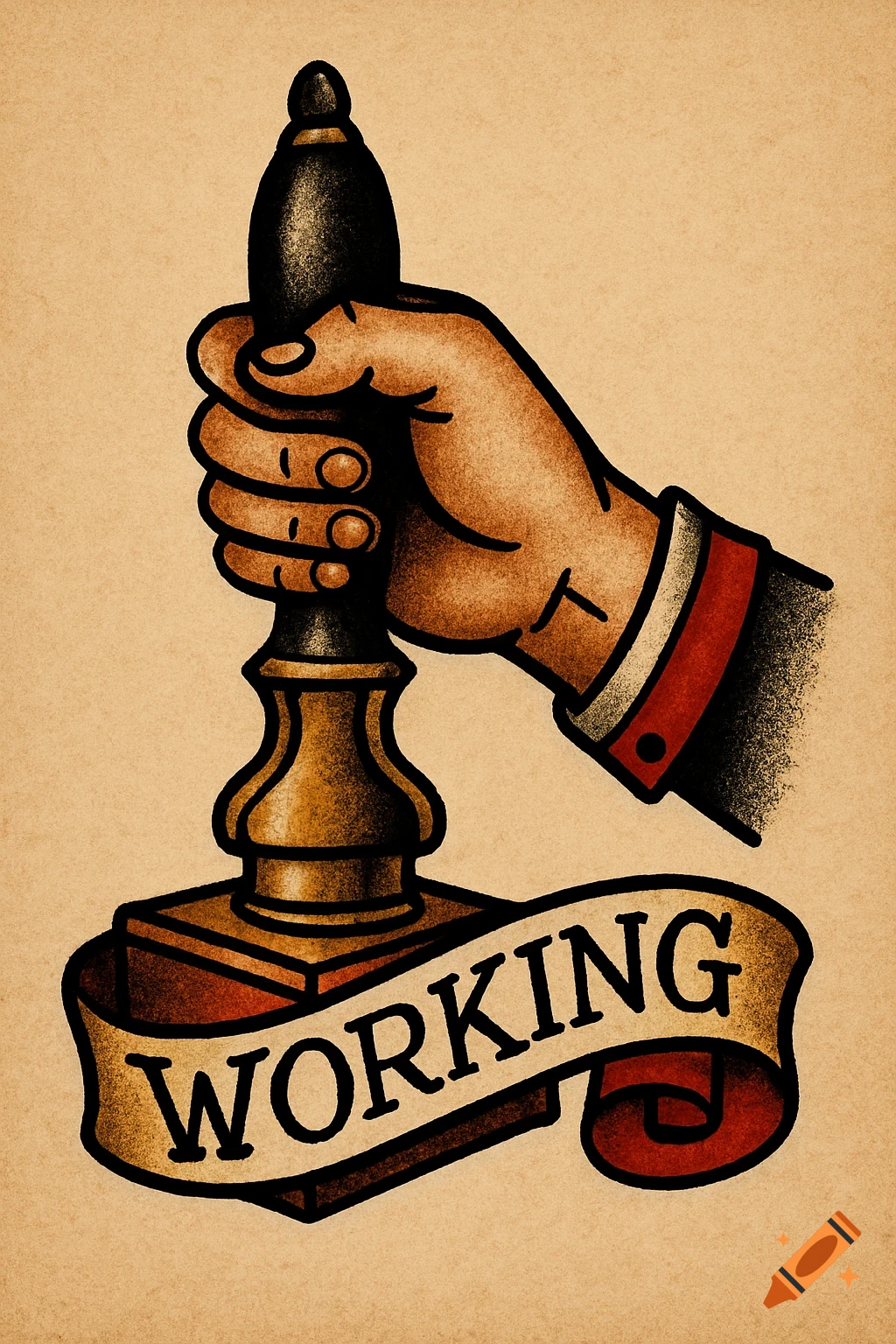 Traditional tattoo illustration of a hand holding an object, with a banner across it reading "WORKING".