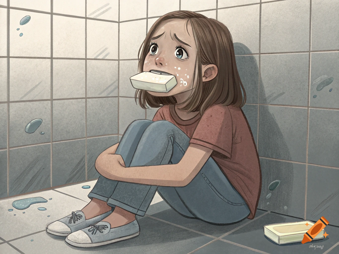 Illustration of a young girl crying in a tiled bathroom with a bar of soap in her mouth.