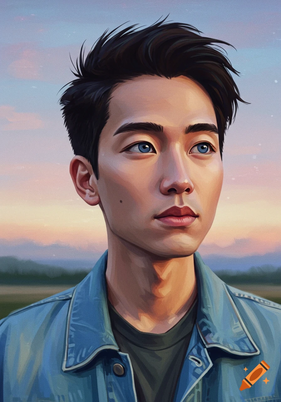 Stylized digital painting portrait of a young man in a denim jacket against a sunset.