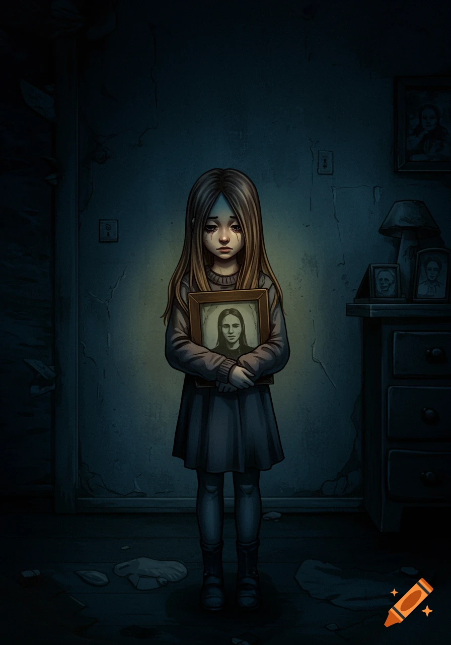 A sad girl holds a framed photo in a dark, melancholic room.