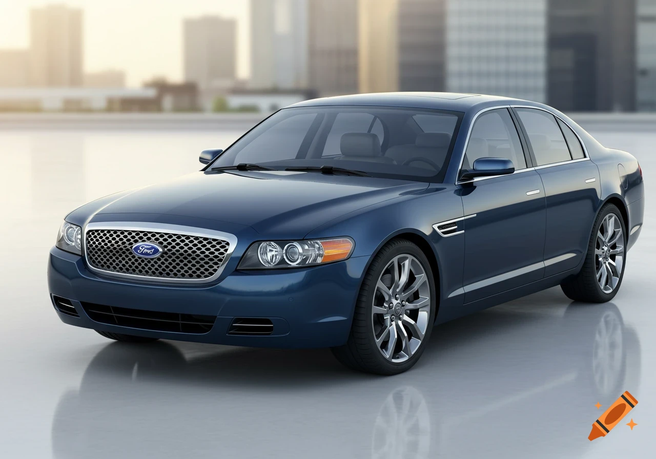 A blue Ford sedan parked outdoors with a city skyline background.