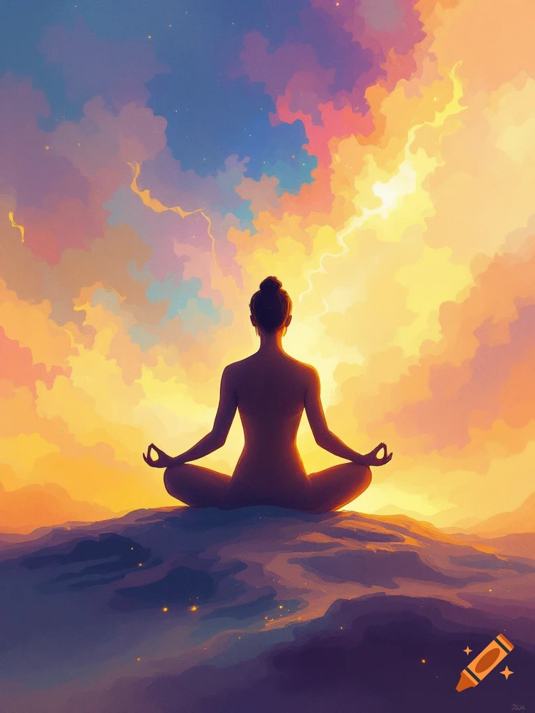 Silhouette of a person meditating in lotus pose on a hill against a vibrant, abstract sunset sky.