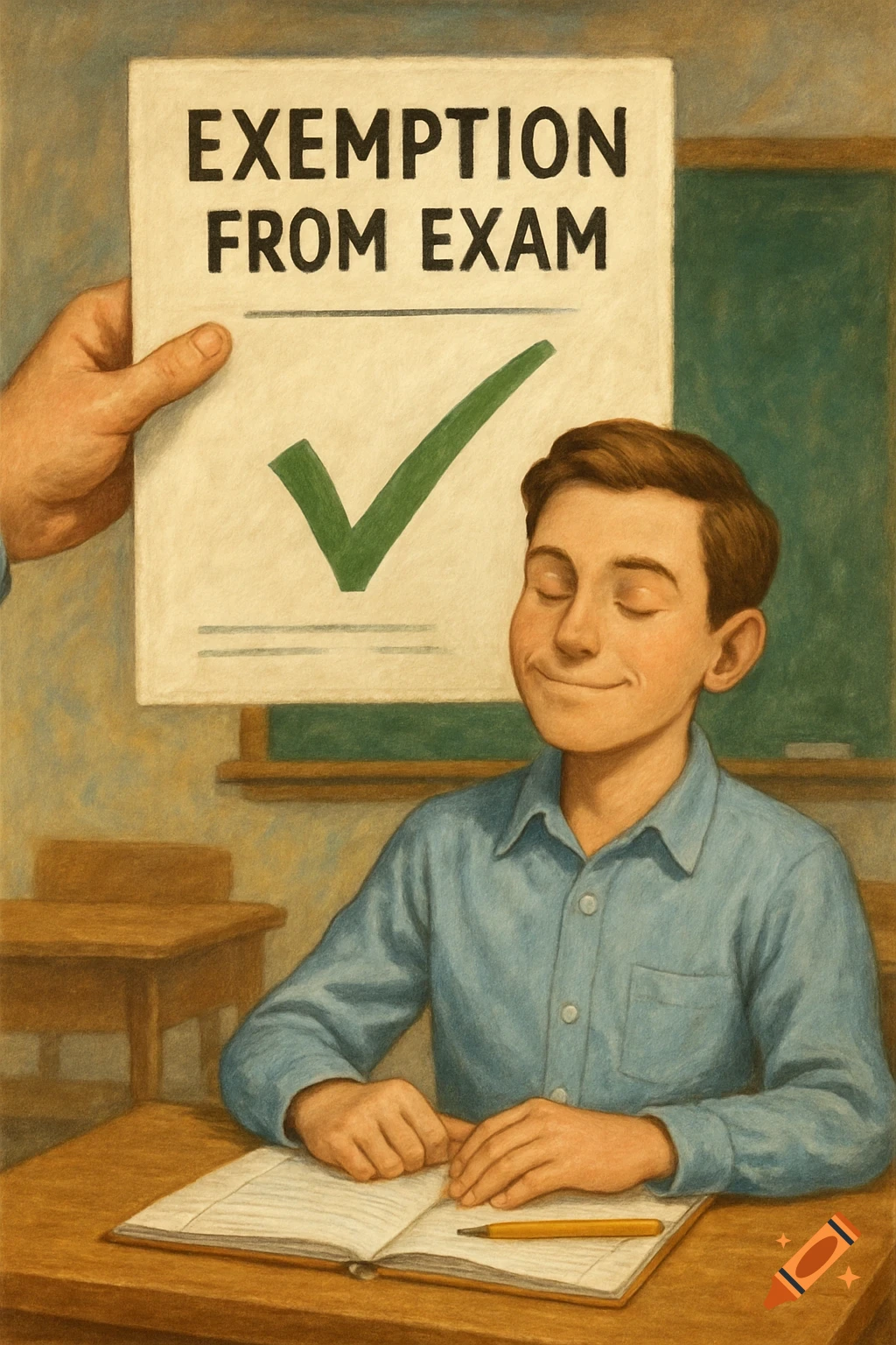 Illustration of a happy student at a desk looking at a paper held up that reads 'EXEMPTION FROM EXAM' with a checkmark.