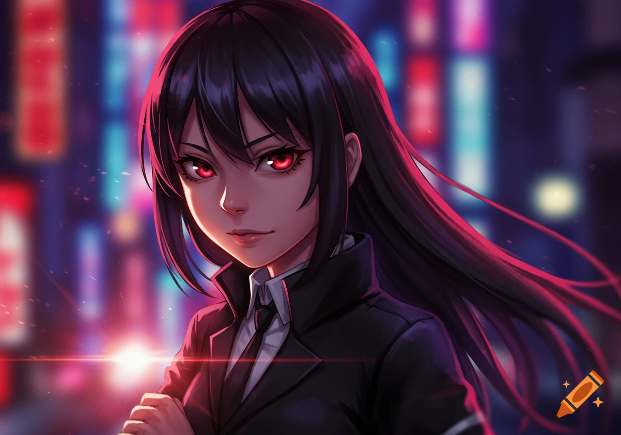 Anime portrait of a woman in a suit with red eyes against a blurry neon city background.