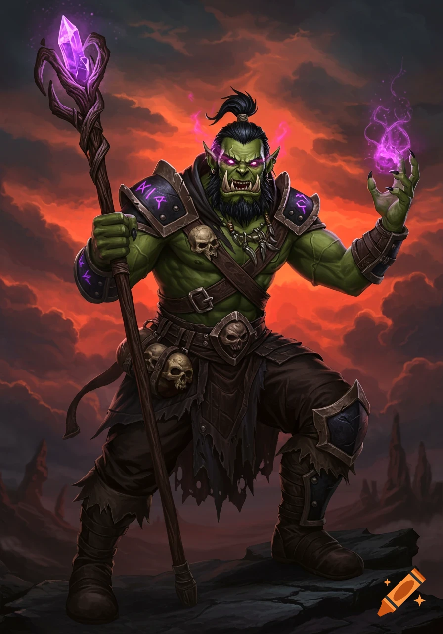A muscular green-skinned orc warlock in skull armor holds a staff and casts a purple spell against a dramatic sky.