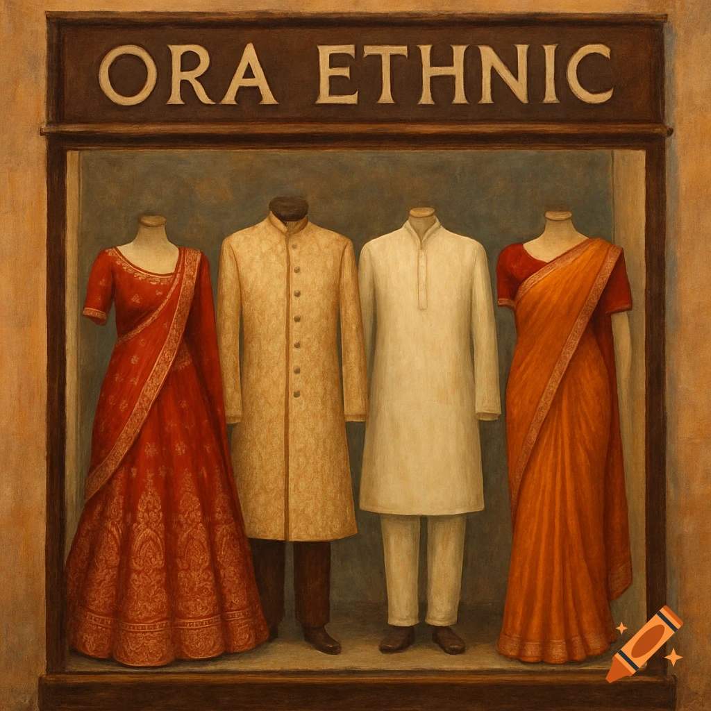 Store window with mannequins wearing Indian ethnic wear (saree, lehenga, sherwani, kurta pajama) under 'ORA ETHNIC' sign.