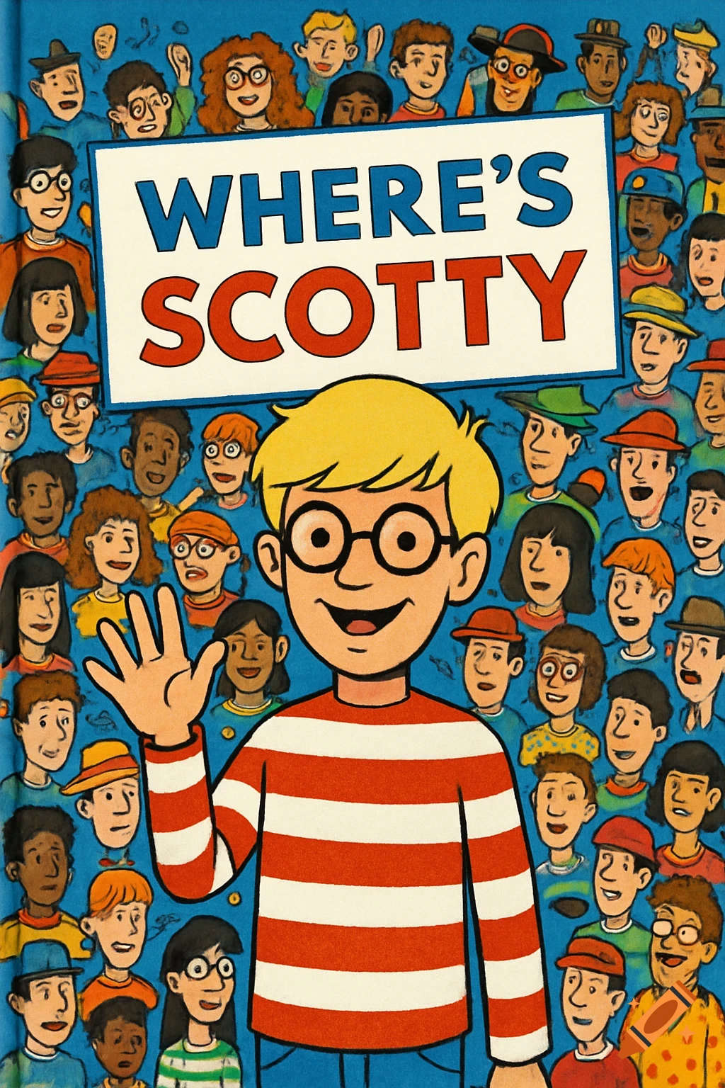 Children's book cover in the style of Where's Wally, titled WHERE'S SCOTTY. It features a blonde boy in a red and white striped shirt waving, surrounded by a crowd of diverse cartoon people.