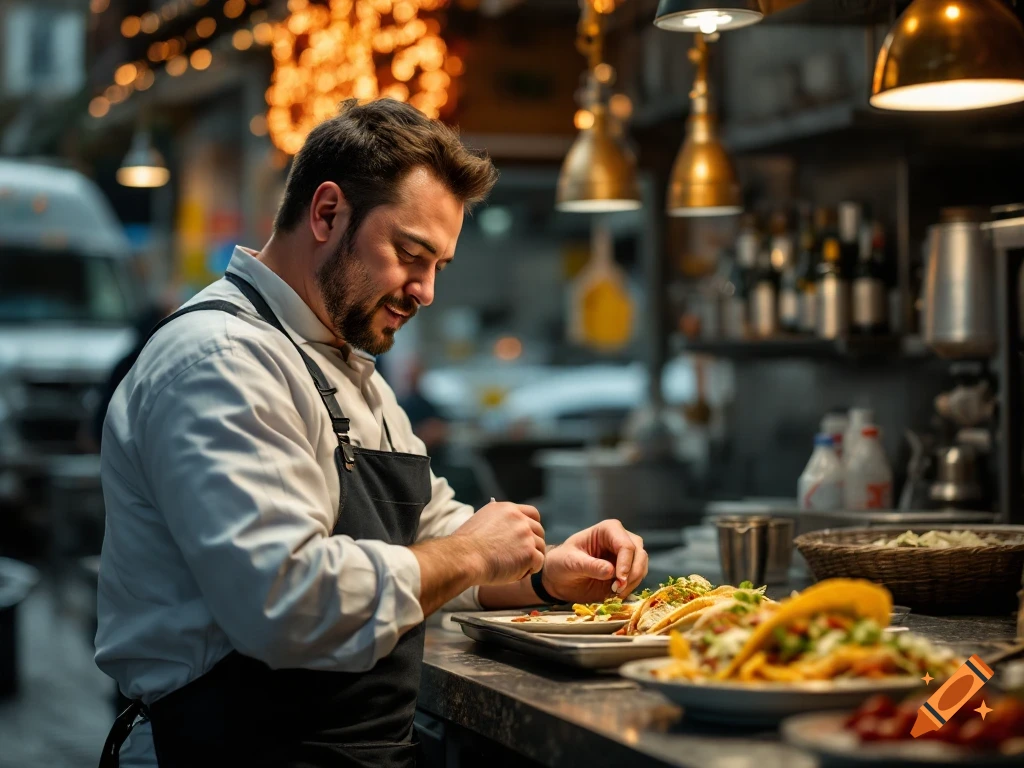 Chef preparing tacos behind a counter in a kitchen
