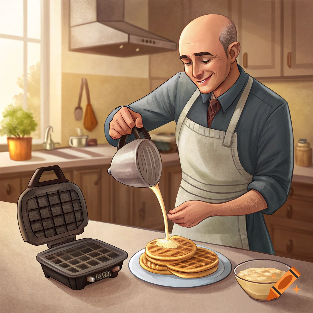 A bald man pours syrup onto waffles in a kitchen, digital painting style.
