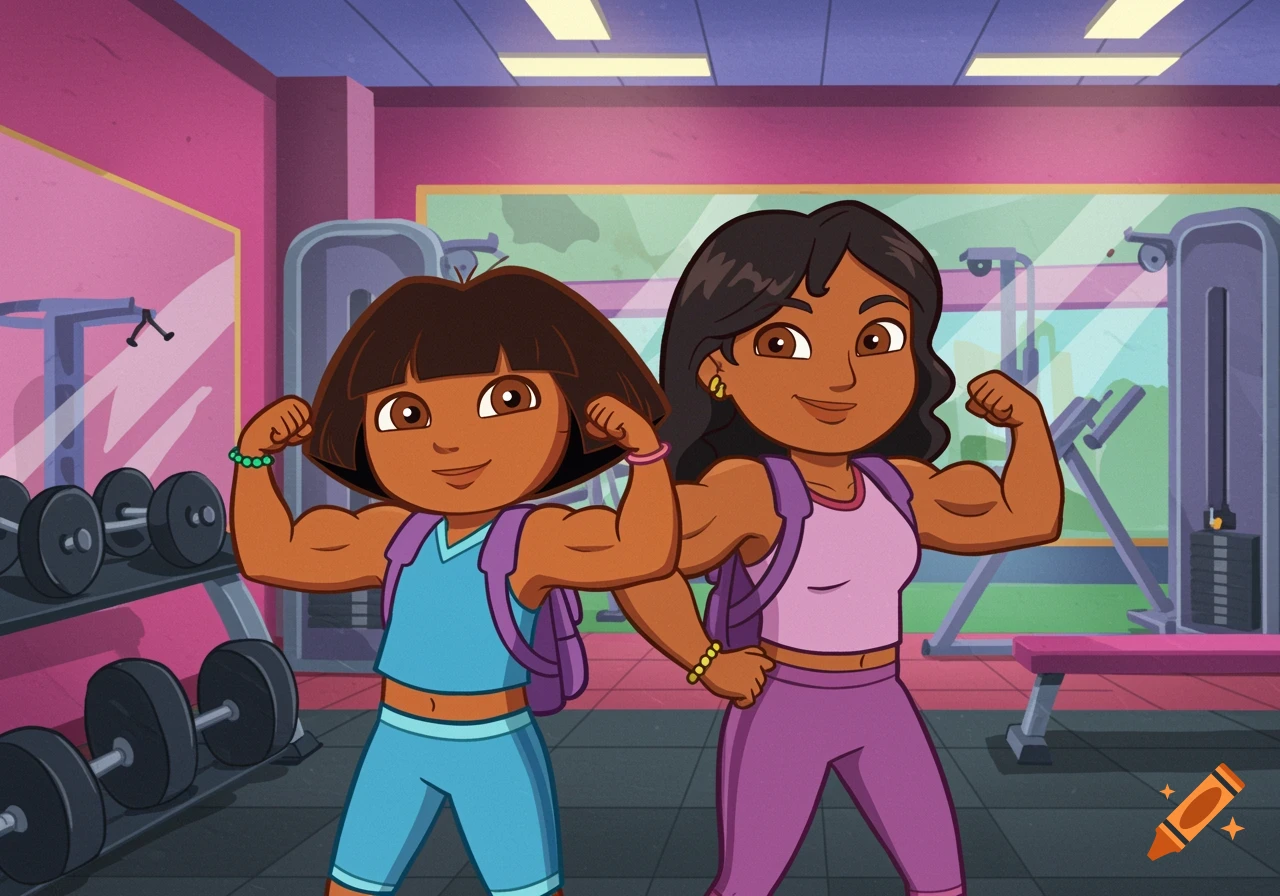 Cartoon of Dora the Explorer and her mom flexing biceps in a gym.