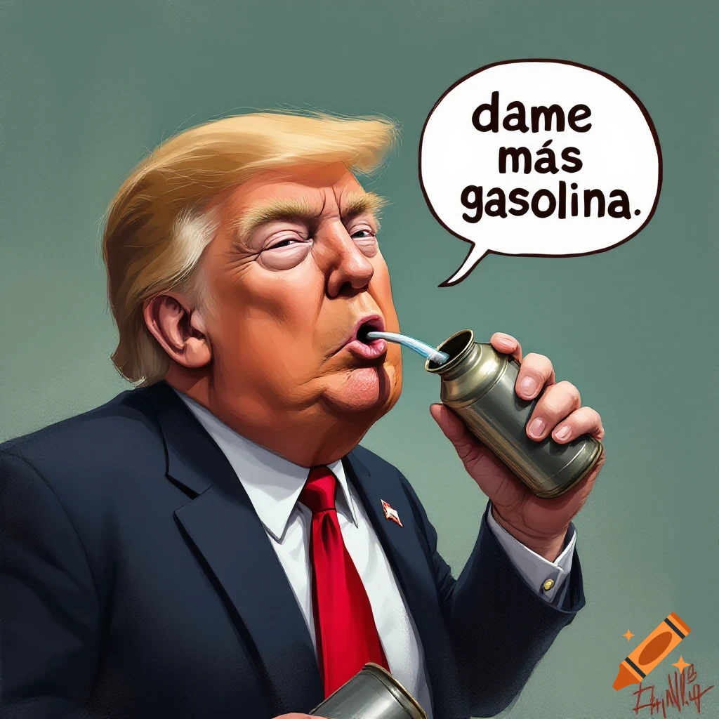 Caricature of Donald Trump drinking gasoline from a can with a speech bubble.