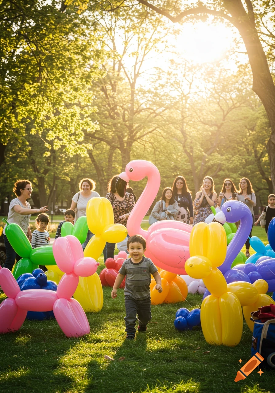 A young child smiles walking through a park surrounded by large balloon animals, with adults watching in the sunny background.