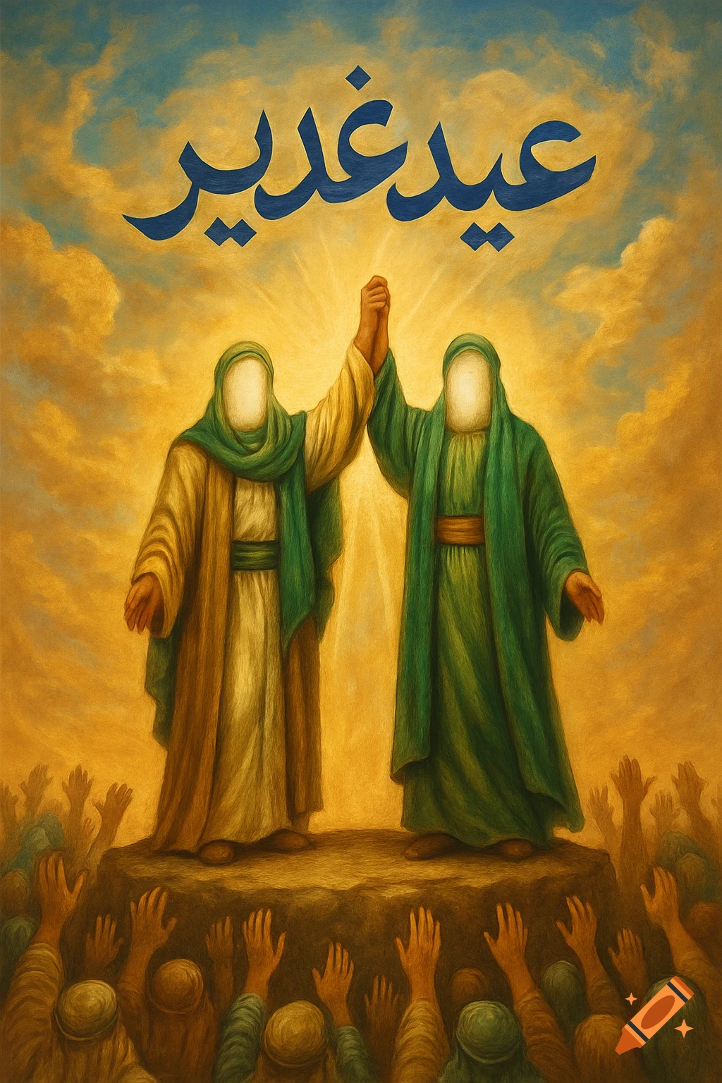 Painting of two faceless figures on a rock holding hands, with hands reaching up, and Arabic text above.
