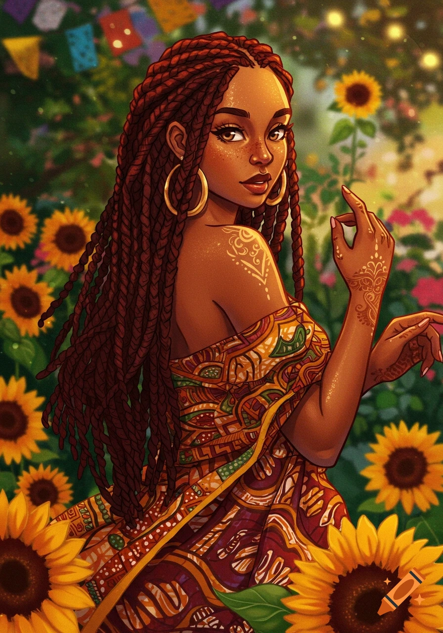Illustration of a woman with braided hair in a patterned dress among sunflowers.