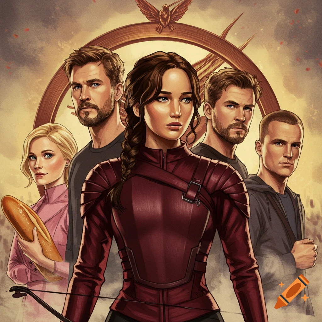 Group illustration of characters from the Hunger Games series, including Katniss Everdeen, Peeta, and Gale, with a symbolic bird.