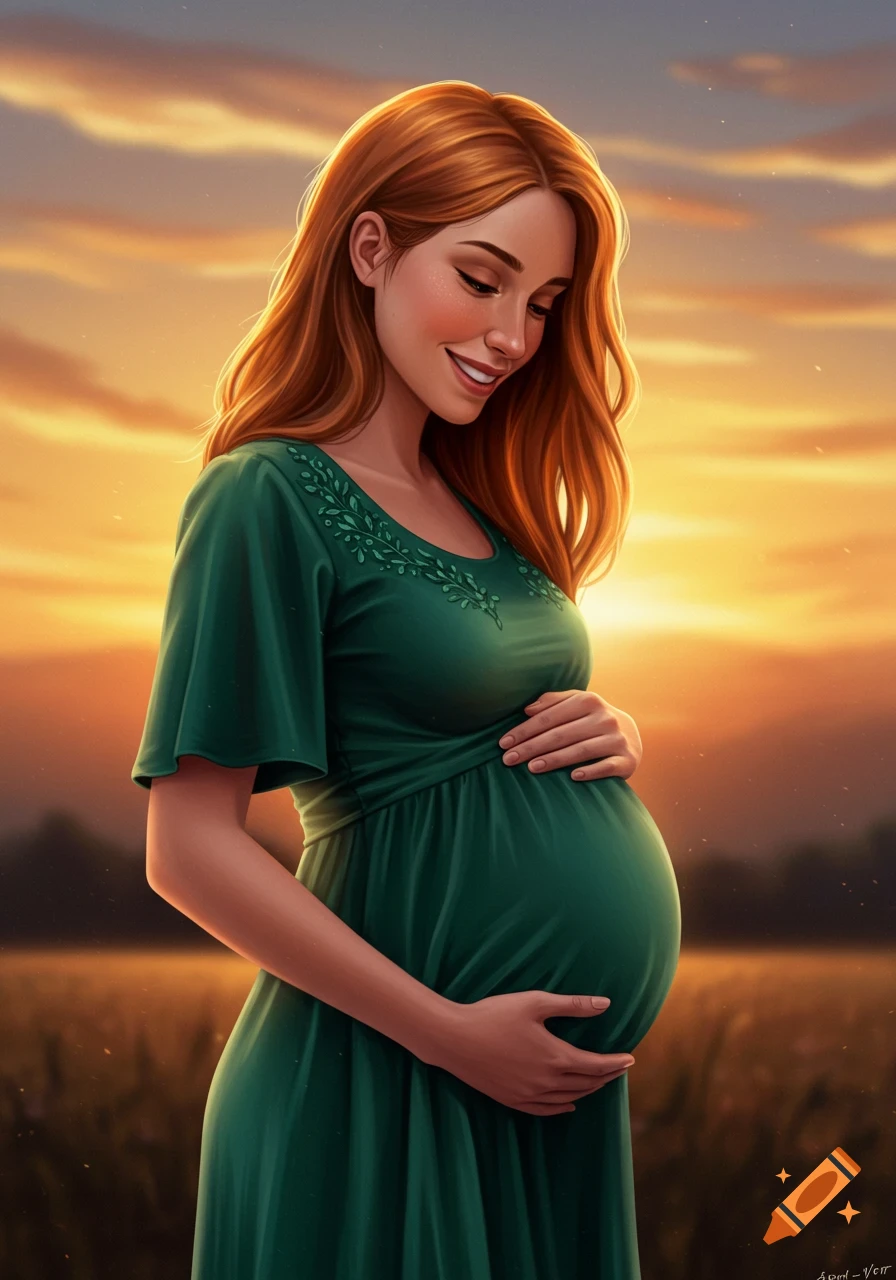 Illustration of a smiling pregnant woman in a green dress in a field at sunset