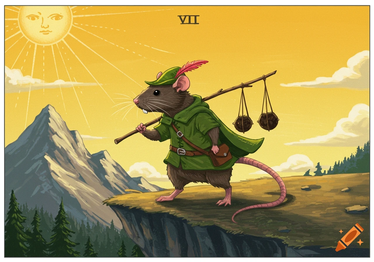 An adventurous rat in a Robin Hood outfit carrying a bindle walks on a cliff edge under a sun with a face. Styled like a tarot card with 'VII'.