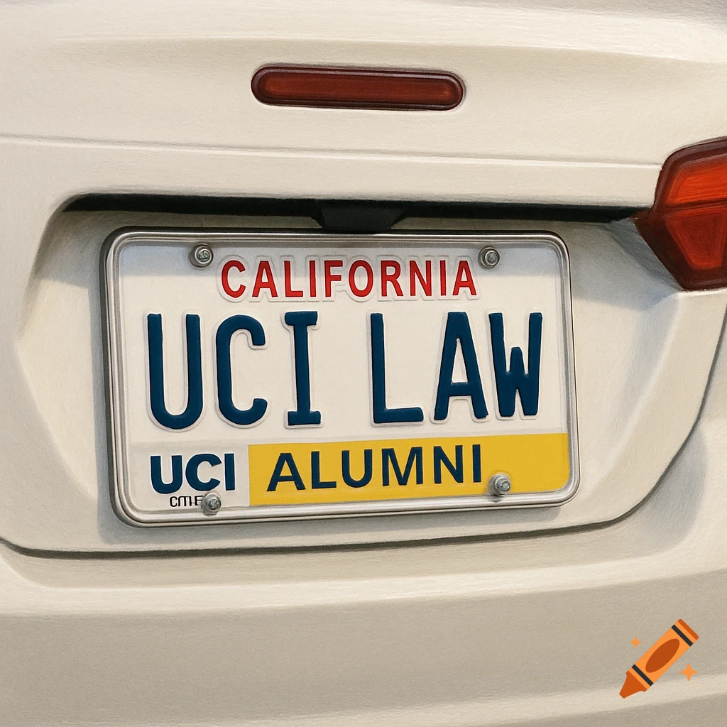 A close-up of a white car's license plate that reads "CALIFORNIA UCI LAW UCI ALUMNI".