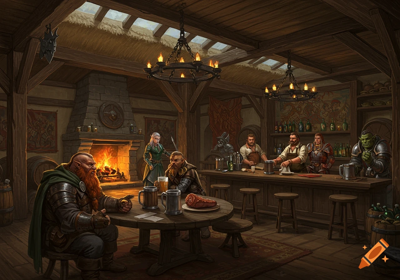 Fantasy characters including dwarves, elf, humans, and an orc relax inside a detailed tavern with a fireplace and bar.