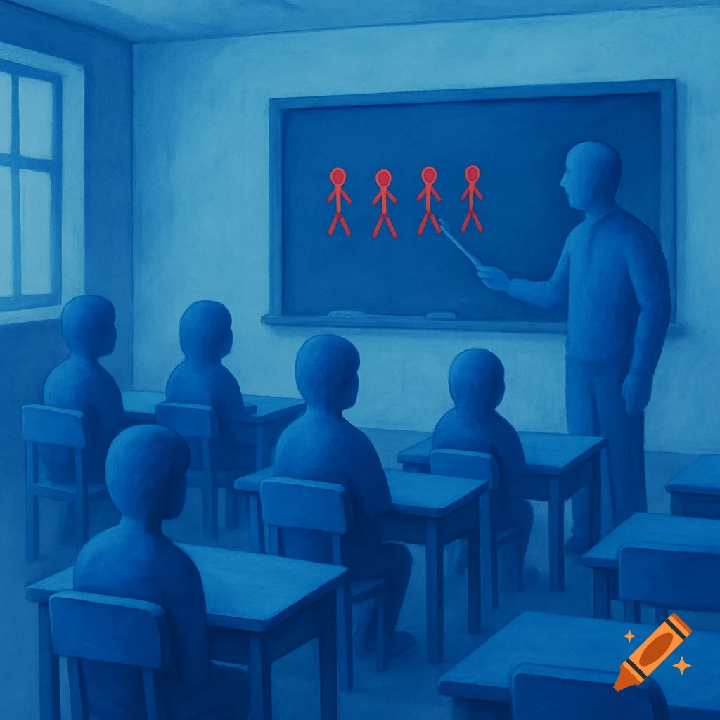 A blue classroom scene with blue silhouetted students and a teacher pointing at red stick figures on a blackboard. One desk is empty.