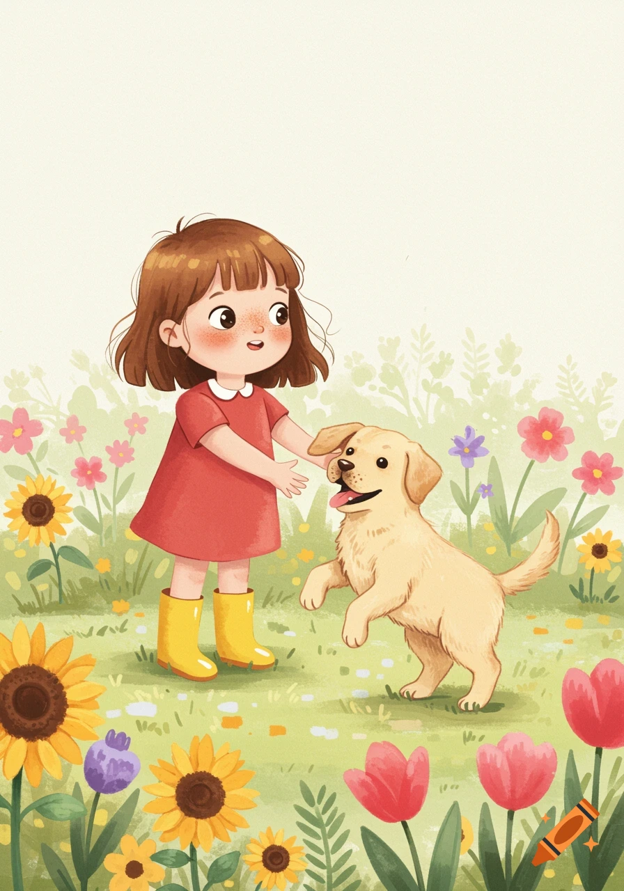 Illustrated scene of a little girl playing with a yellow Labrador puppy in a flower garden.