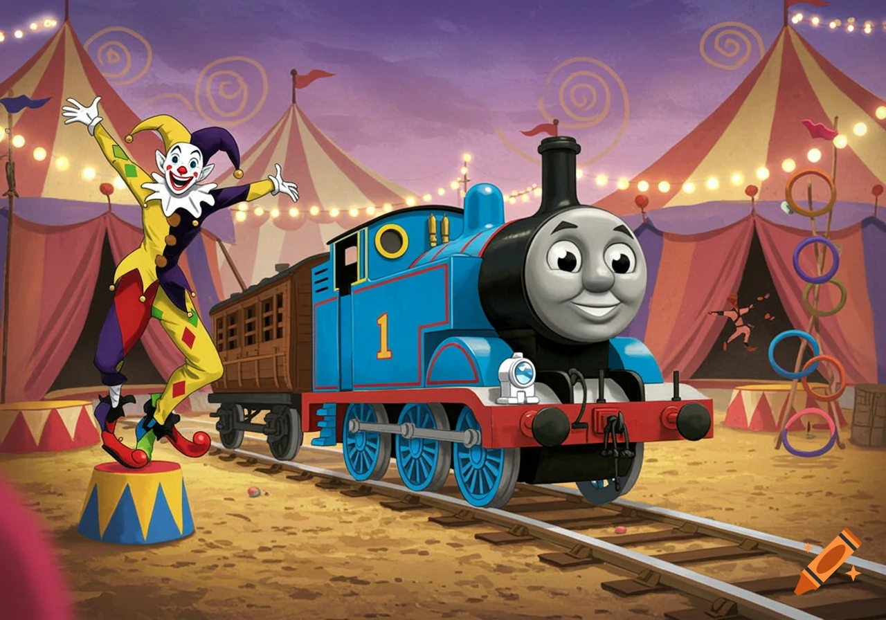 Thomas the Tank Engine and a clown at a circus.
