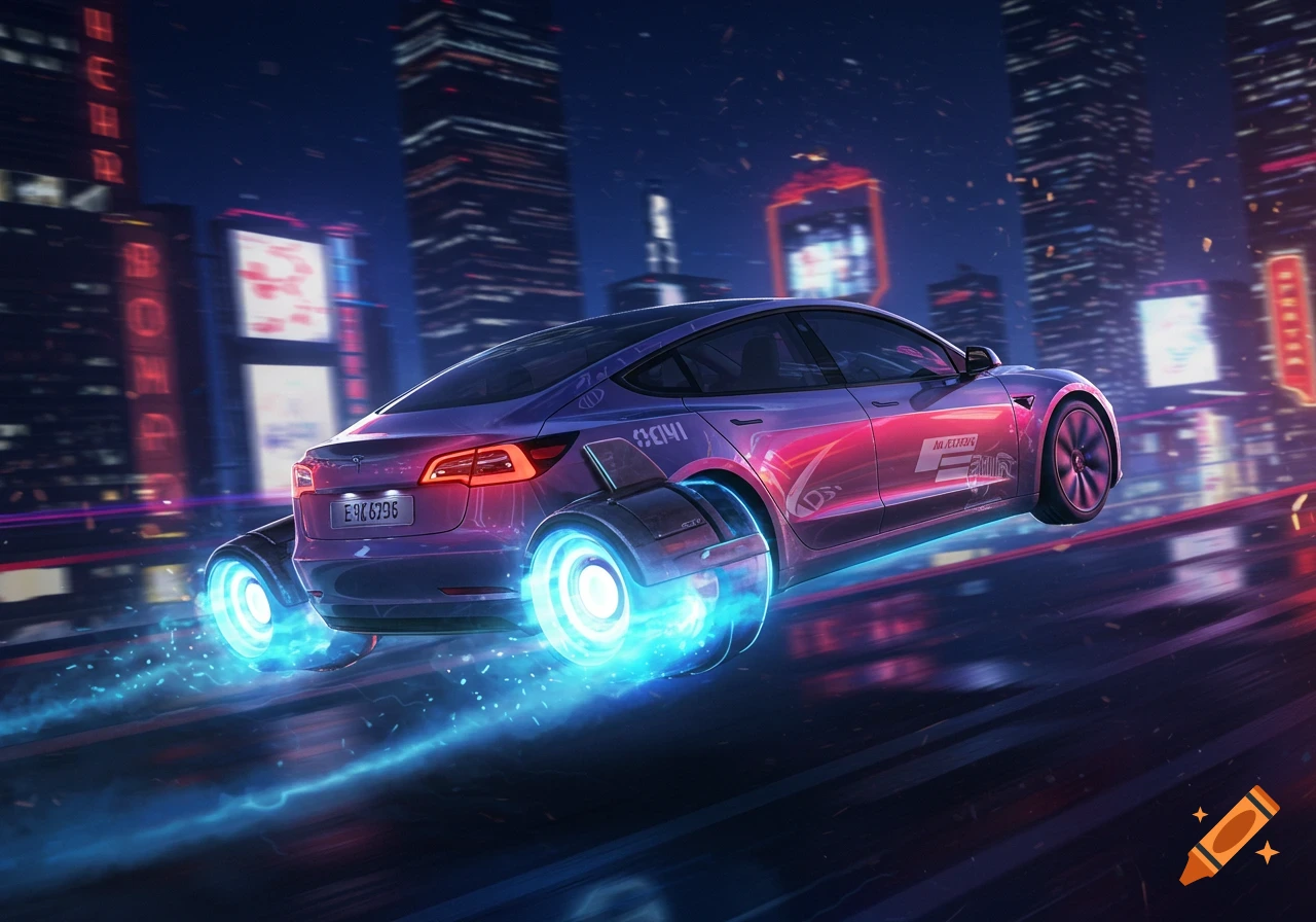A flying purple Tesla Model 3 speeds through a futuristic cyberpunk city at night, leaving glowing blue trails.