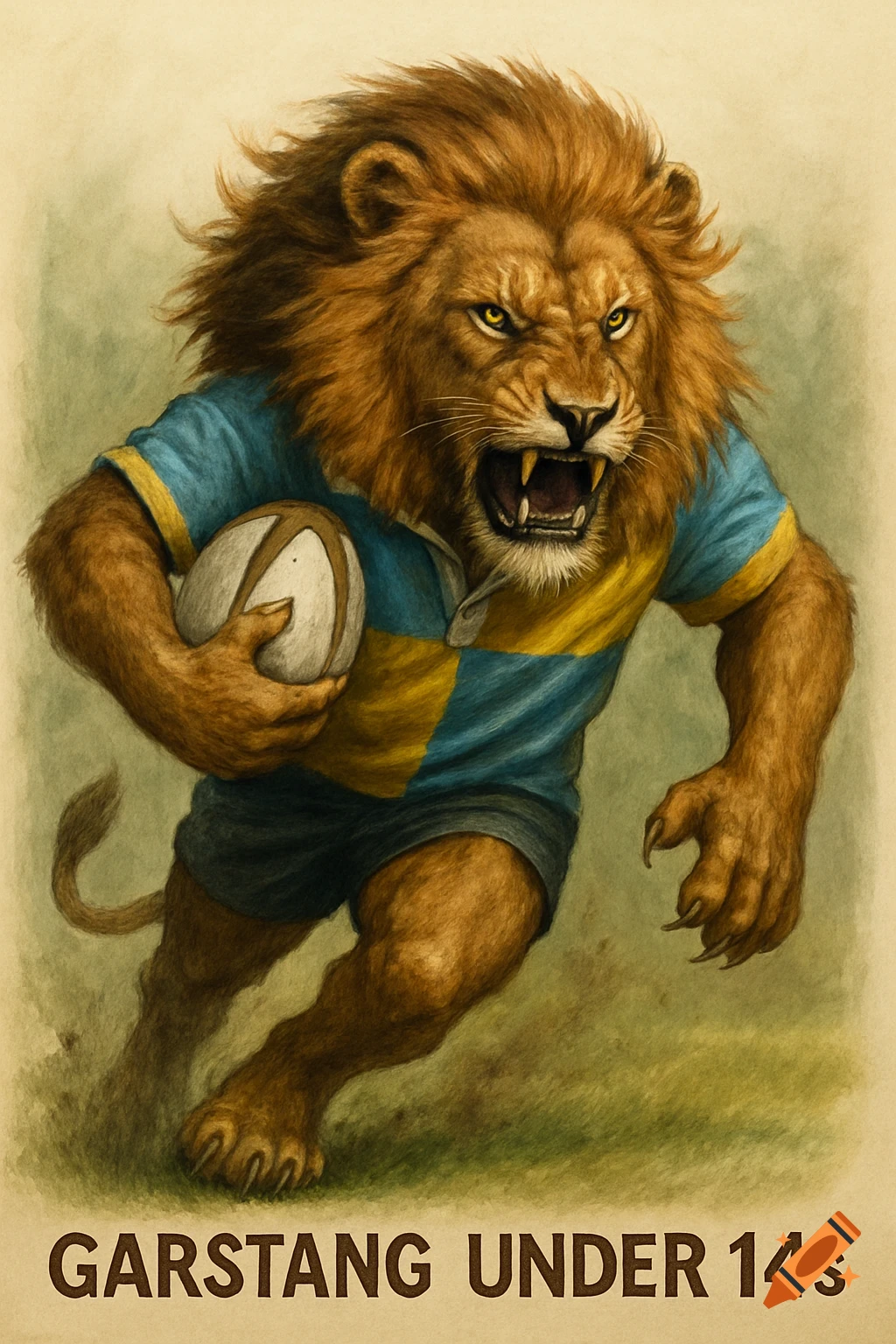 A fierce lion mascot running with a rugby ball, wearing a blue and yellow rugby shirt. Illustration.