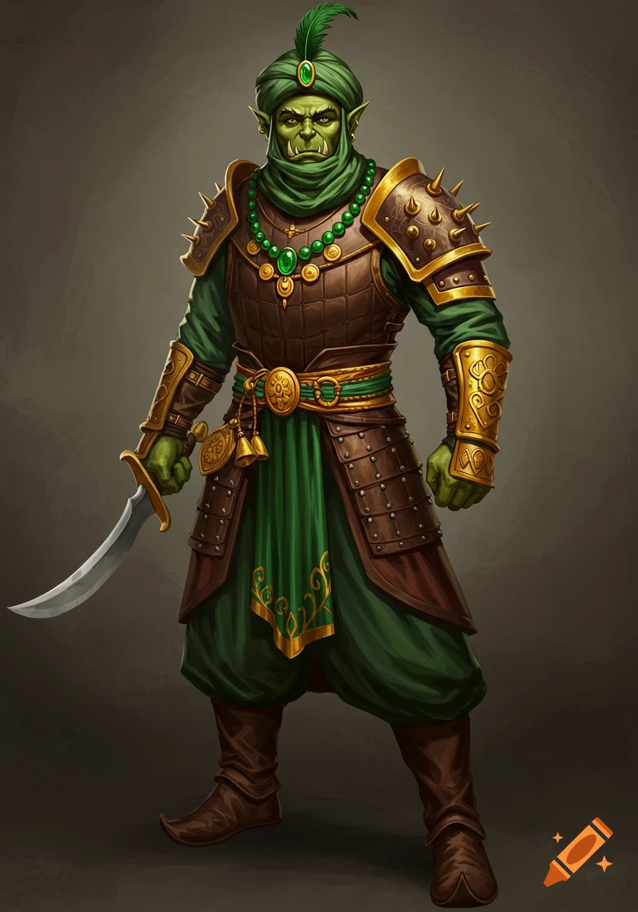 A fantasy half-orc warrior in green robes and brown armor holding a scimitar.