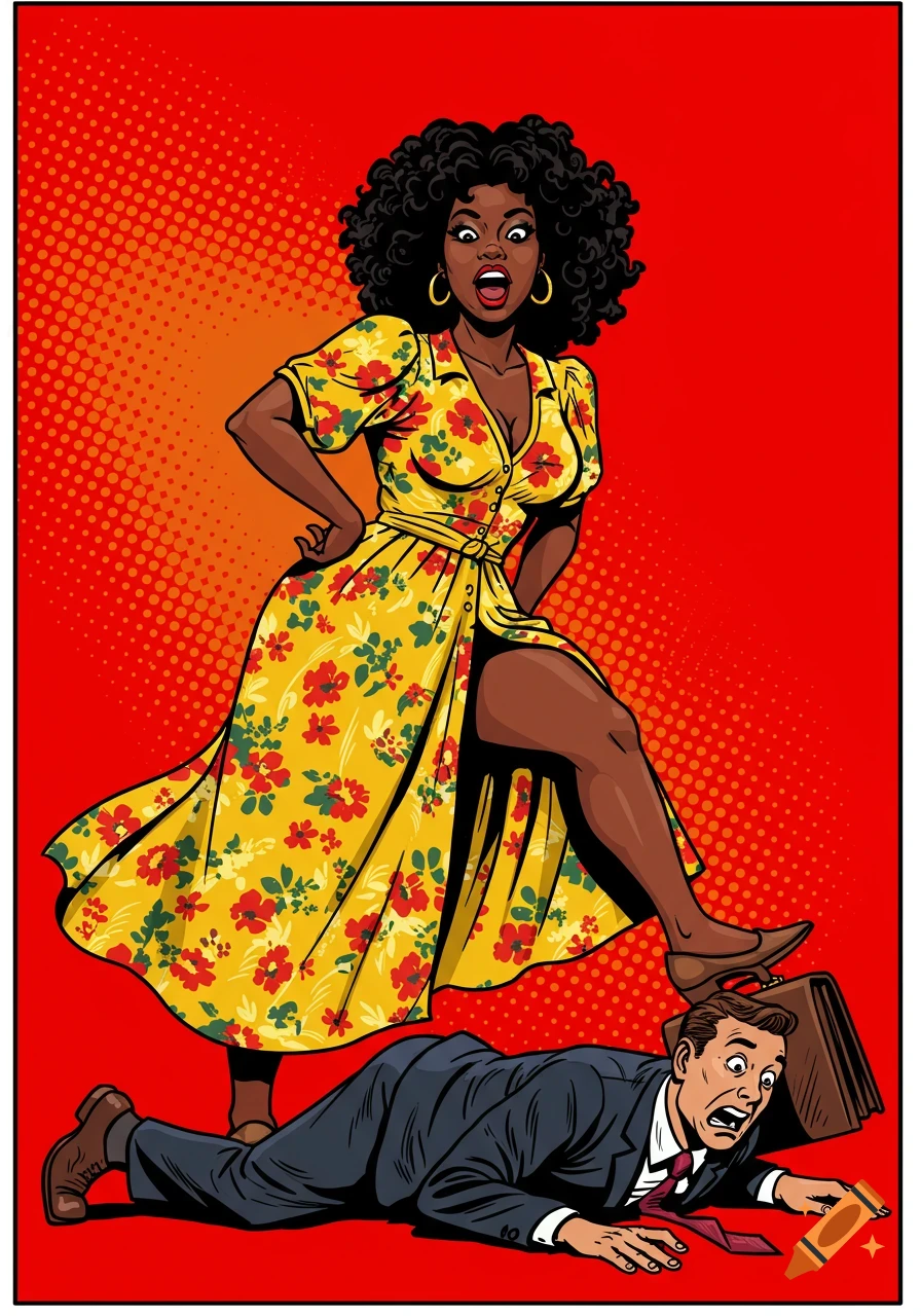 Pop art illustration of a woman in a floral dress stepping on a man