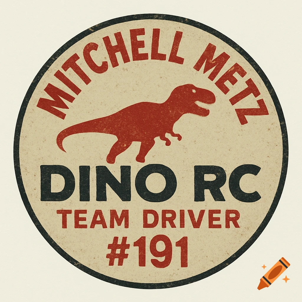 A round vintage logo with a red dinosaur and text Mitchell Metz Dino RC Team Driver #191.