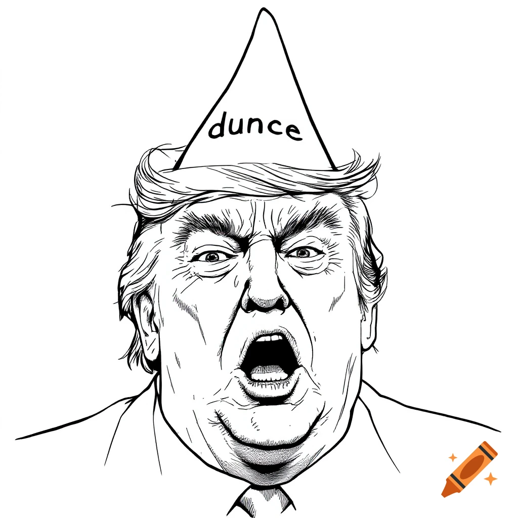 Black-and-white line drawing of Donald Trump wearing a dunce cap with "dunce" on it.