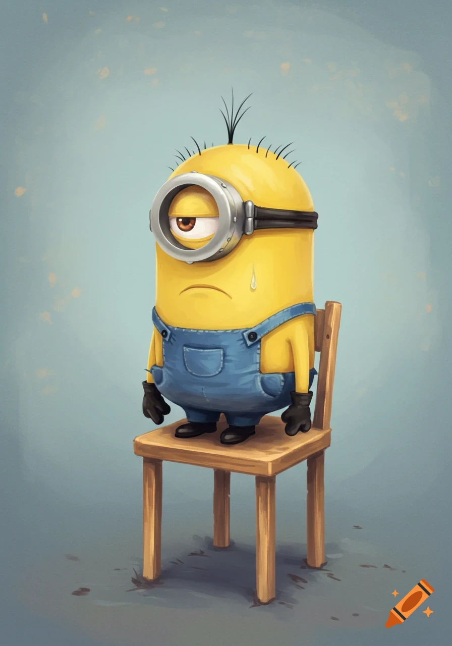 A sad Minion sits on a wooden chair in an illustrative style.