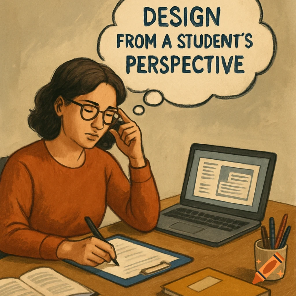 Illustration of a person writing at a desk with a laptop and a thought bubble saying 'DESIGN FROM A STUDENT'S PERSPECTIVE'.