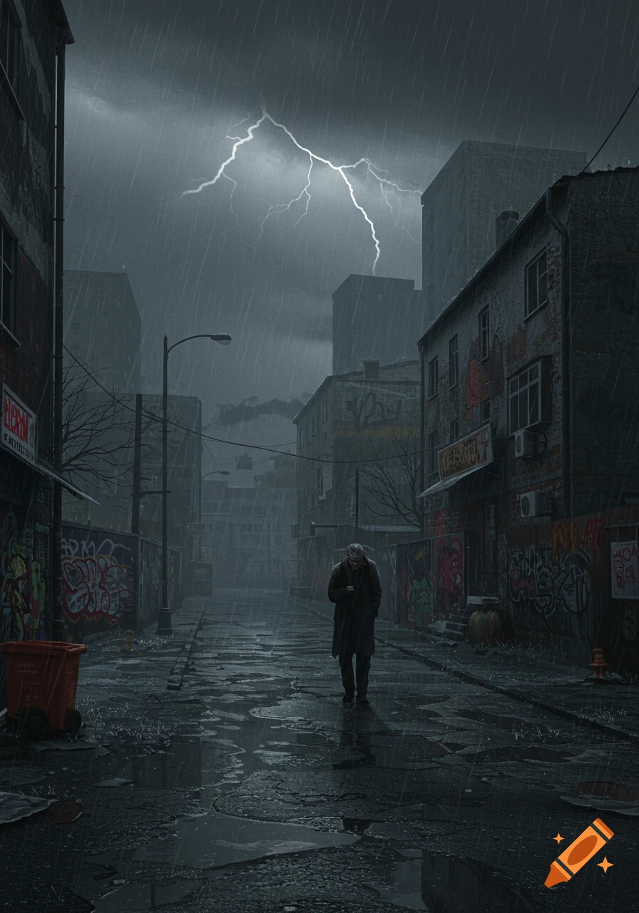 A person walks down a dark, wet city street in the rain with lightning in the sky.