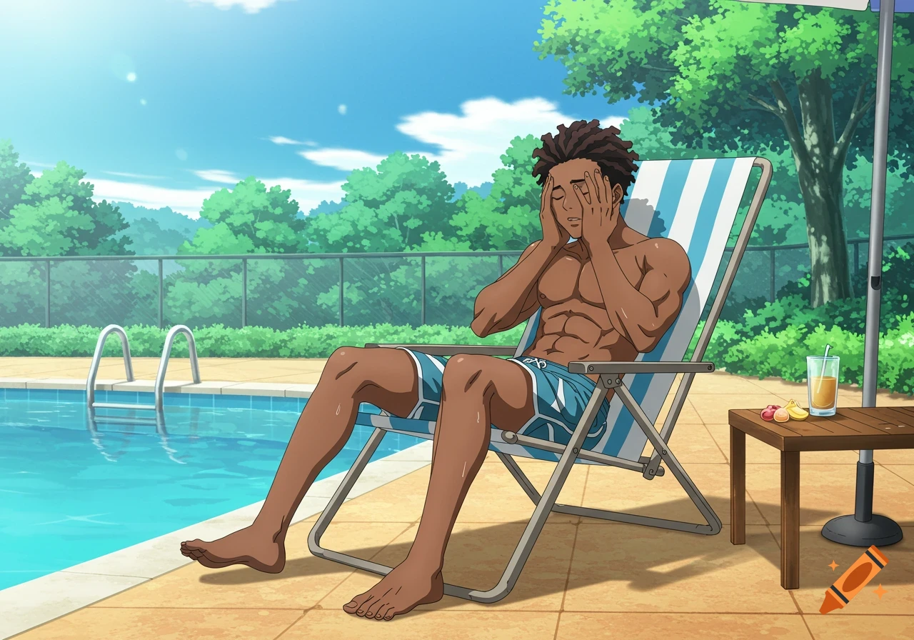 Anime style muscular young man sits in a chair by a pool on a sunny day, covering his face.