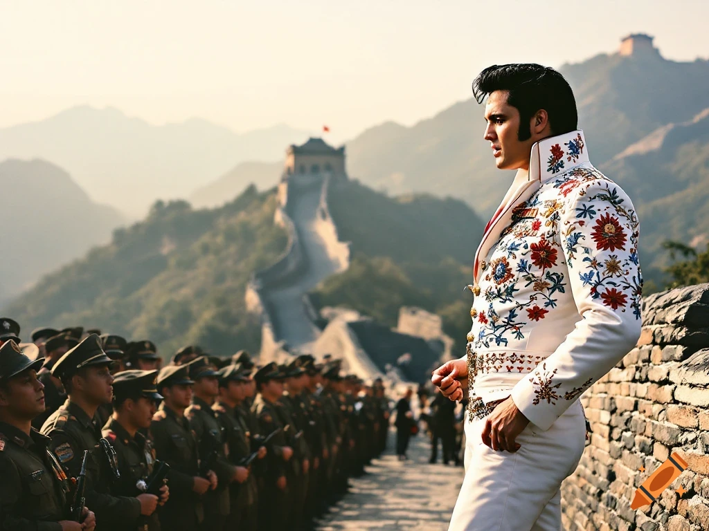 Elvis Presley in white suit on Great Wall of China facing soldiers, photorealistic