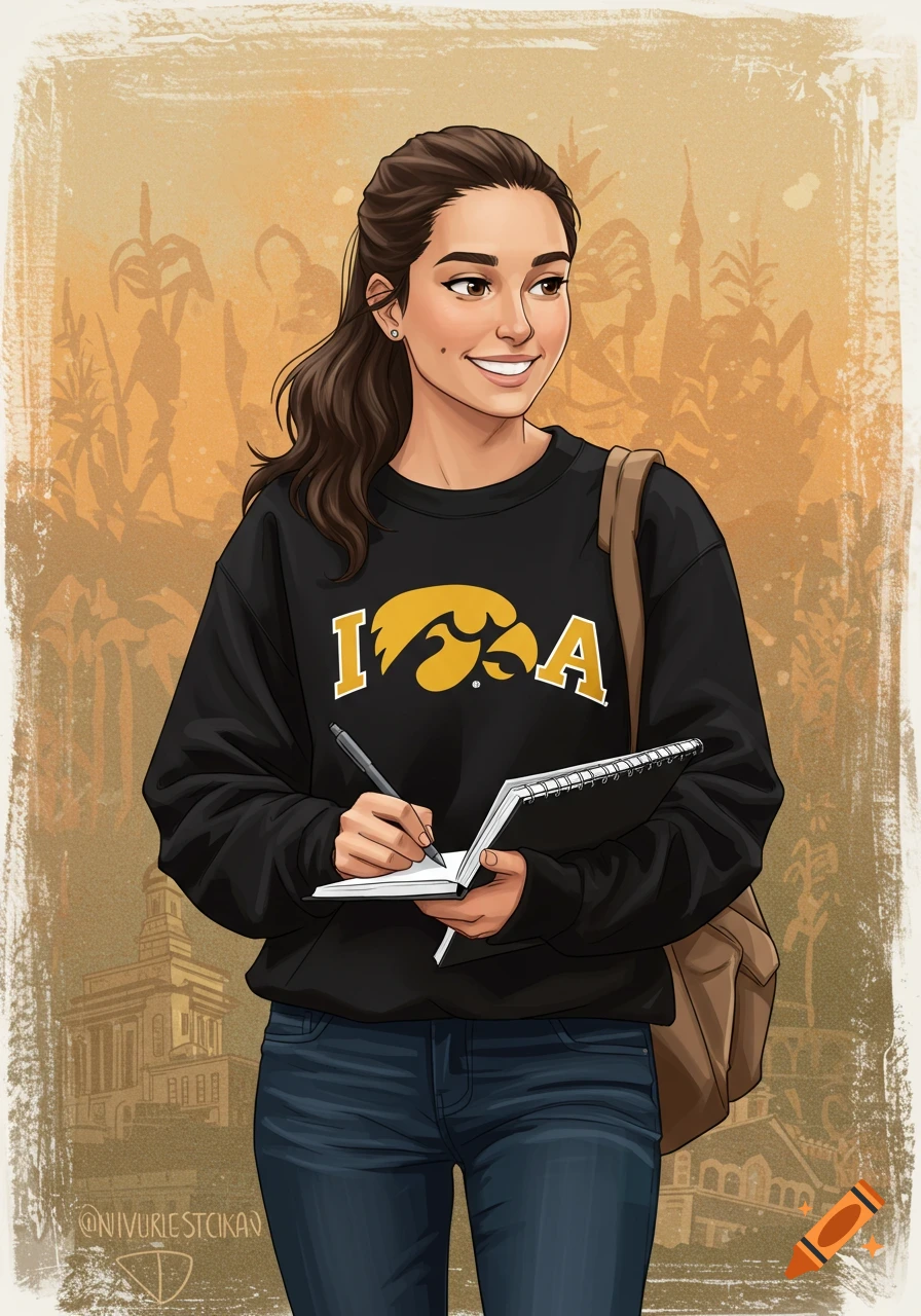 Illustration of a university student wearing an Iowa sweatshirt, holding a notebook and pen.