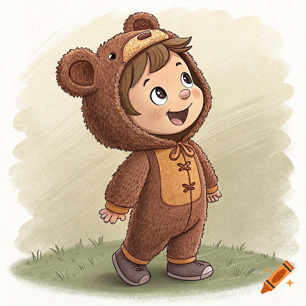 Illustration of a smiling child in a fuzzy brown bear costume standing on grass.