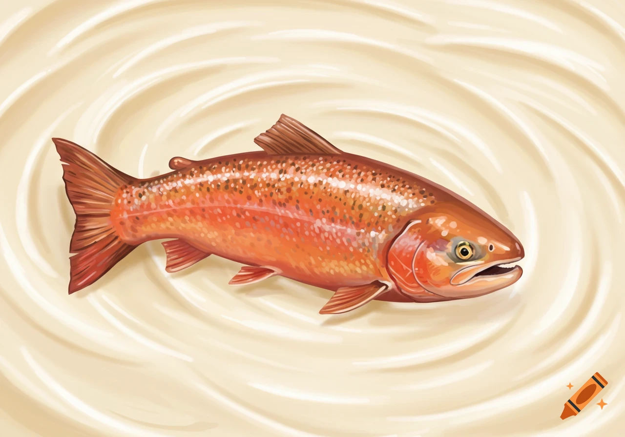 An illustration of a salmon fish against a background of swirled vanilla cream.