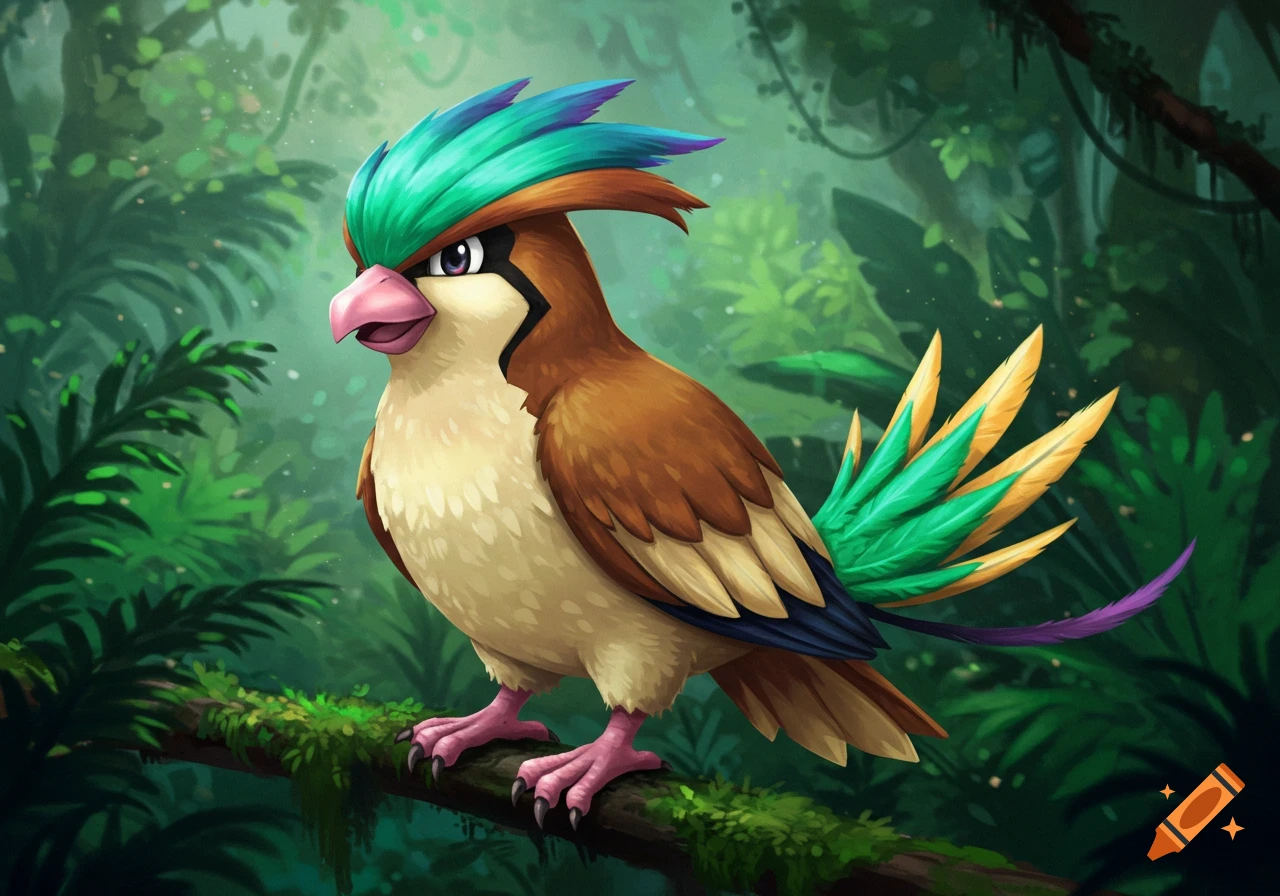 Stylized bird with bright green and blue crest and colorful tail feathers sits on a branch in a jungle.