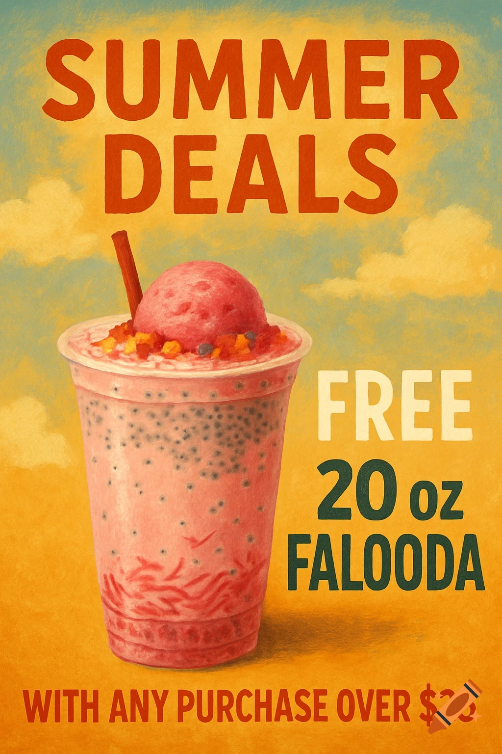 A vintage-style poster advertises summer deals with an image of a large falooda drink.