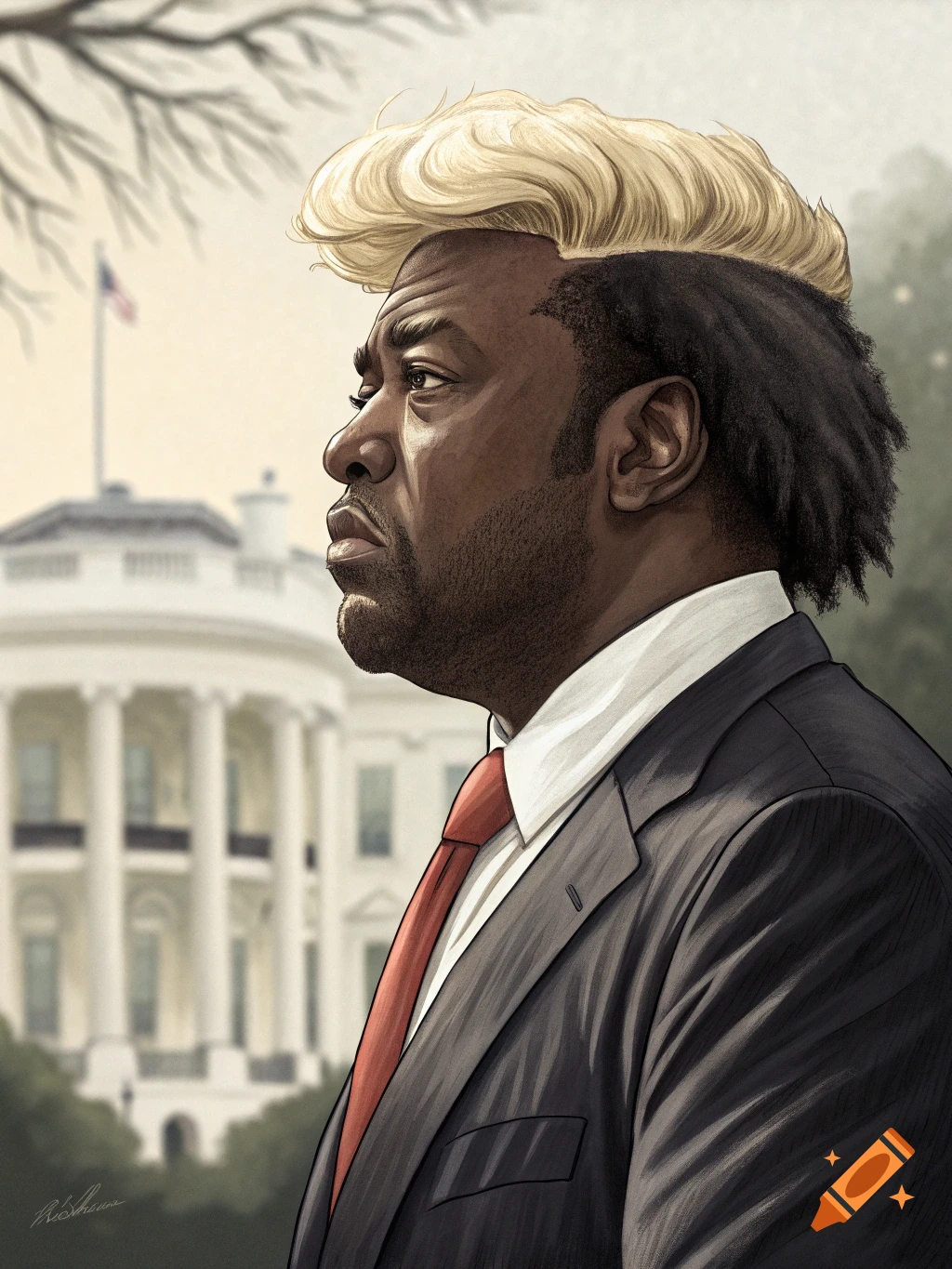Illustration of a man with blonde hair and dark complexion wearing a suit and tie, with the White House in the background.