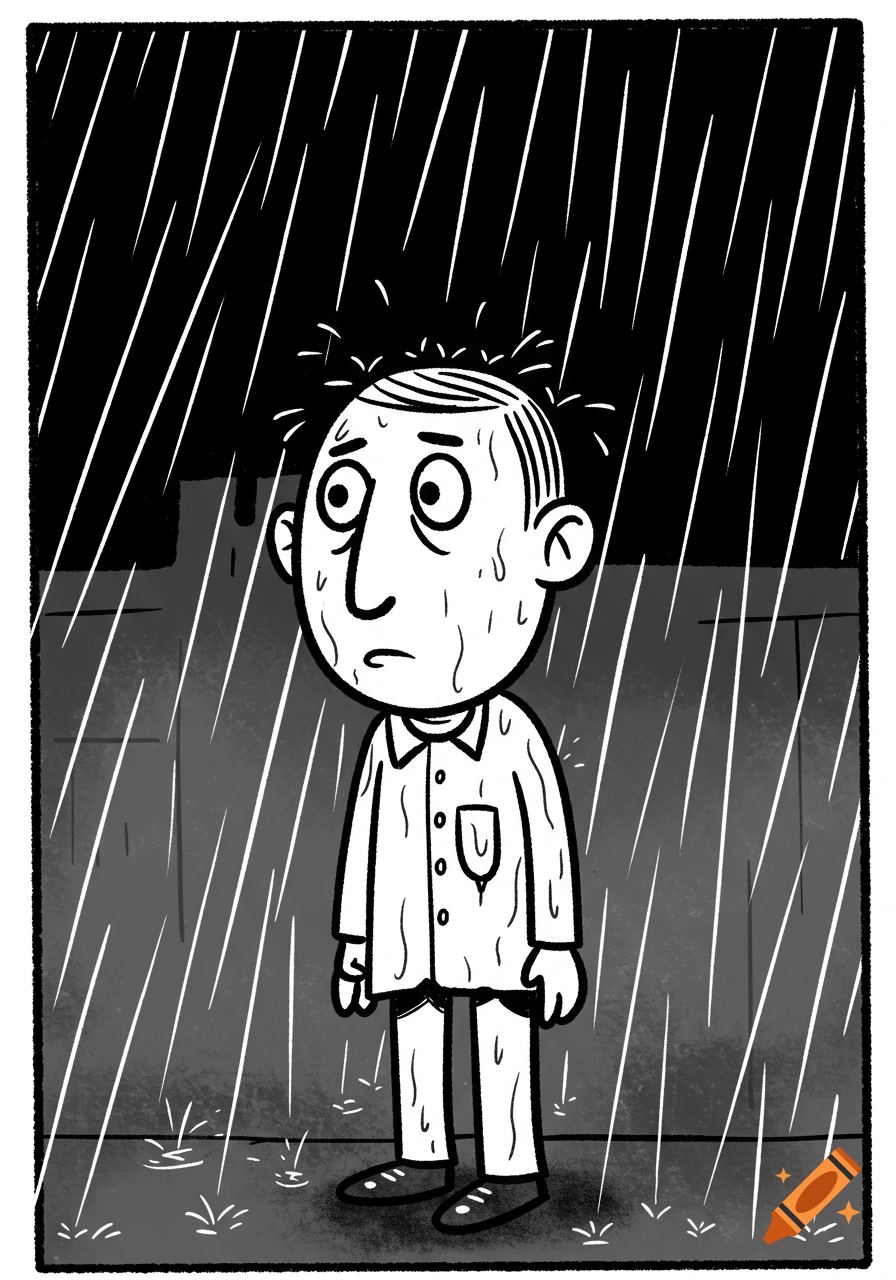 Black and white cartoon illustration of a man standing soaked in the heavy rain.