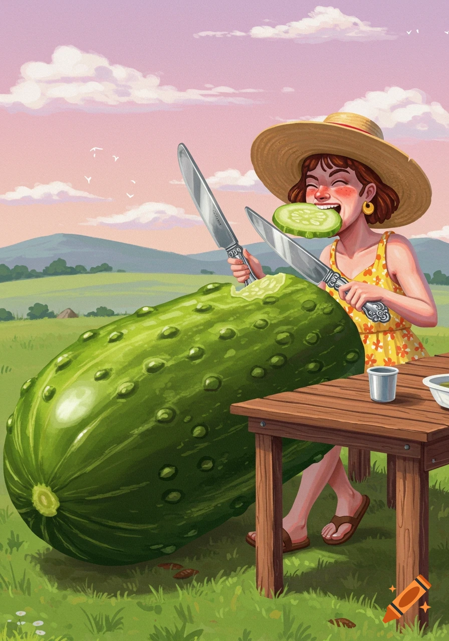 Illustrative image of a woman in a hat eating a slice from a giant cucumber with two knives in a field.