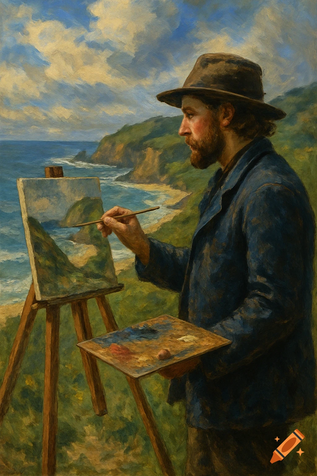 A painter works at an easel overlooking a coastal landscape, rendered in an oil painting style.