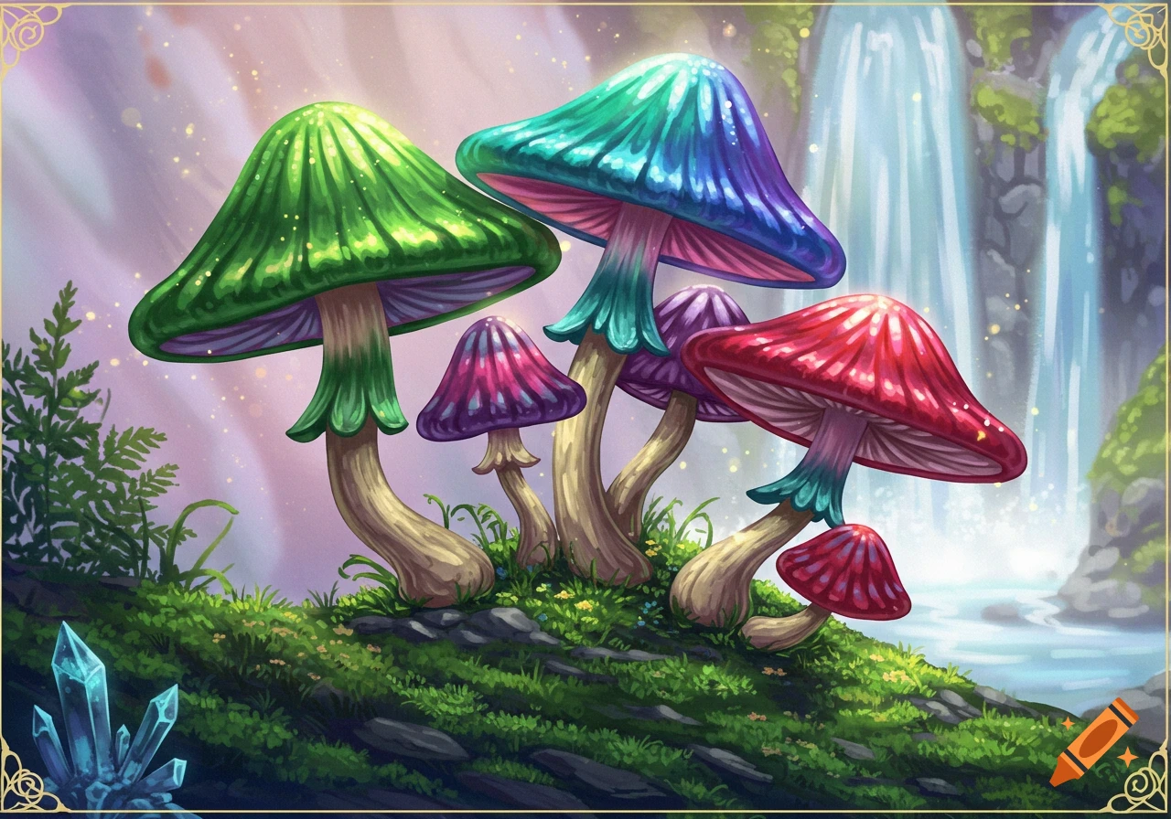 Colorful mushrooms and crystals near a waterfall in a fantasy forest ...
