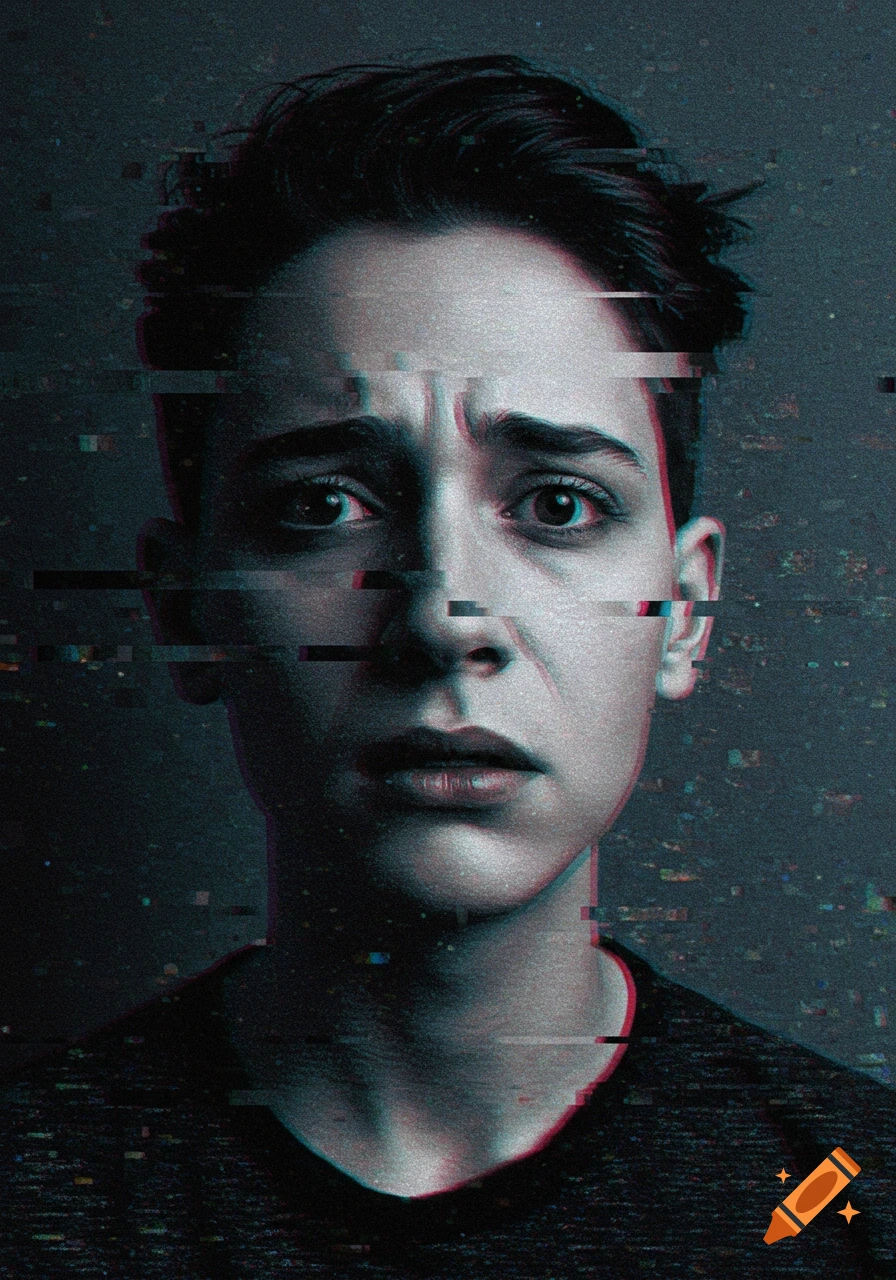 Close-up portrait of a person with a worried expression, covered in glitch and static effects.