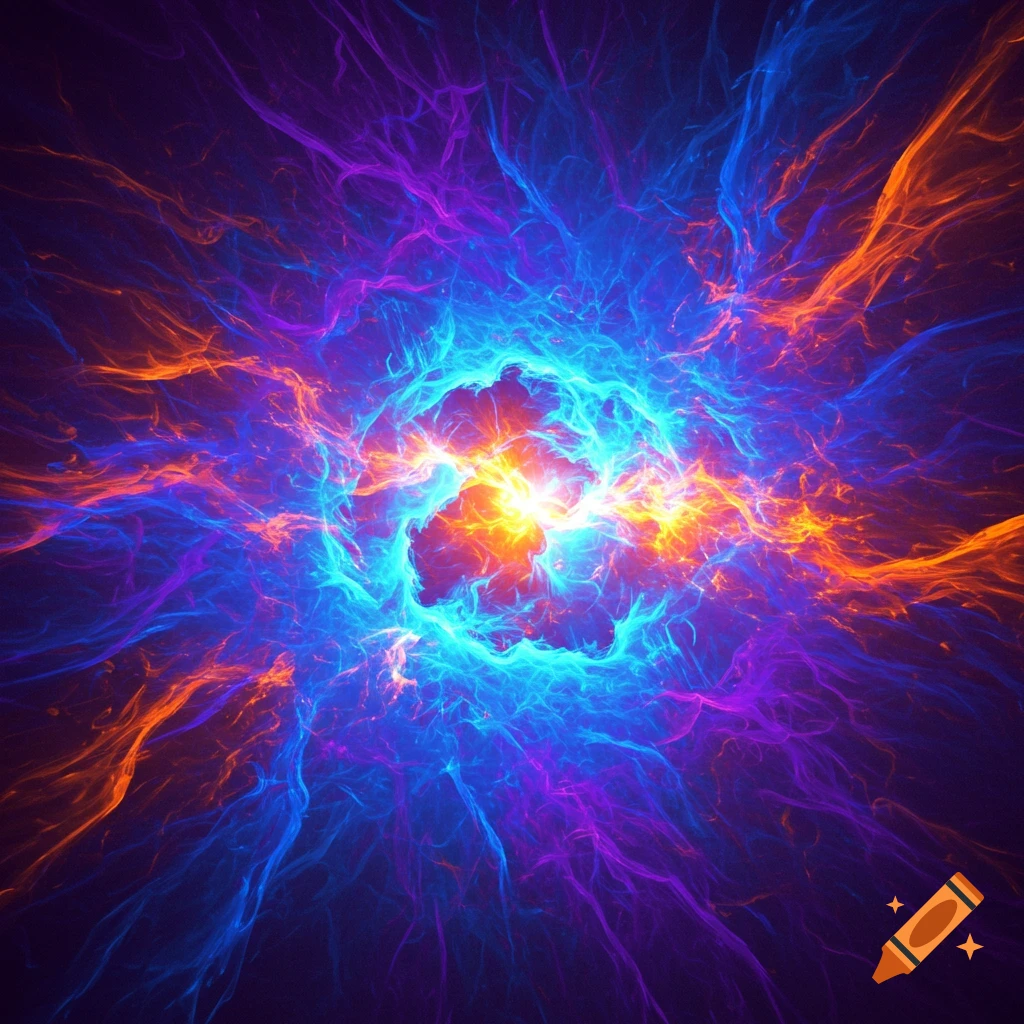 Vibrant abstract energy pattern radiating with blue, purple, orange, and yellow streams.