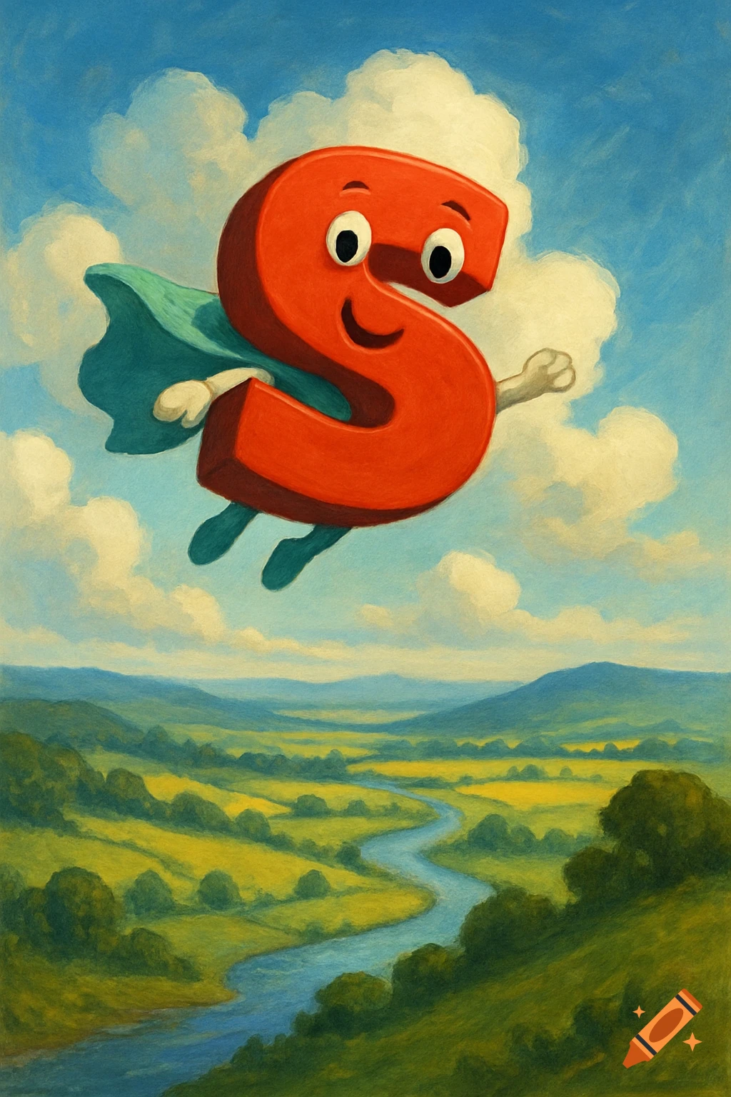 A red cartoon letter S character with eyes, mouth, and a teal cape flies over a green river valley landscape.
